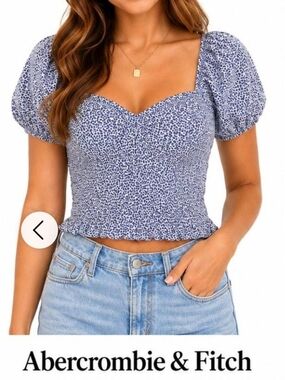 Abercrombie & Fitch Blue Puff-Sleeve Smocked Crop Top
